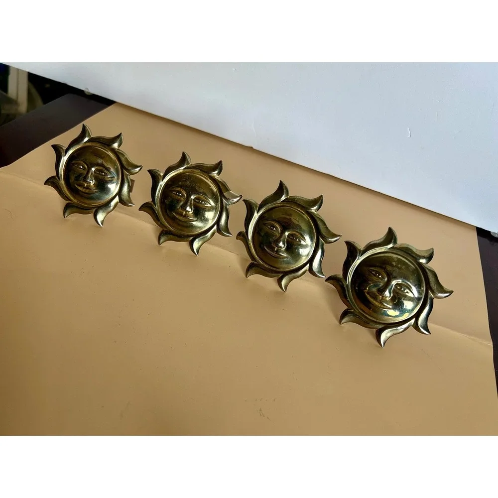 Vintage Celestial Sun Face Napkin Rings Gold Tone Brass Style Set of 4